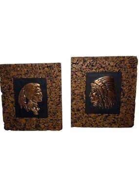 Native American Wall Art Chiefs Copper Cork Background Rustic 9.5x8.5" Set Of 2